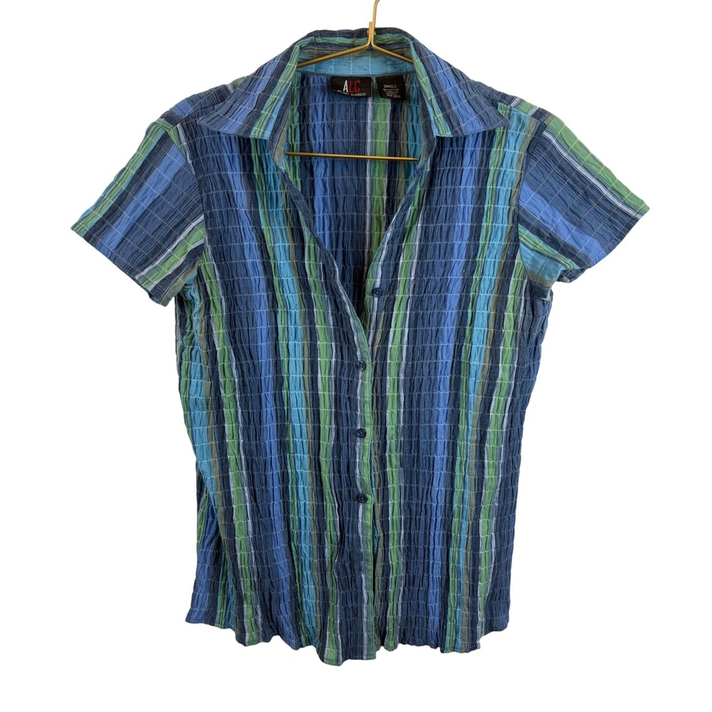 Vintage Atlast Classics Small Blue Green Striped Crinkle Seersucker Shirt